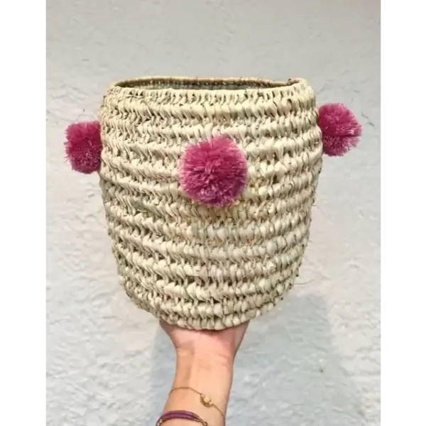 Handwoven Palm Leaf Basket with Colorful Wool Pom Poms