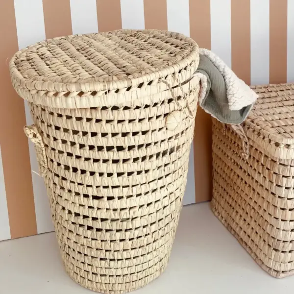 Natural Laundry Basket with Lid –Handwoven Palm Leaf Storage