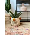 Handwoven Palm Leaf Basket with Colorful Wool Pom Poms