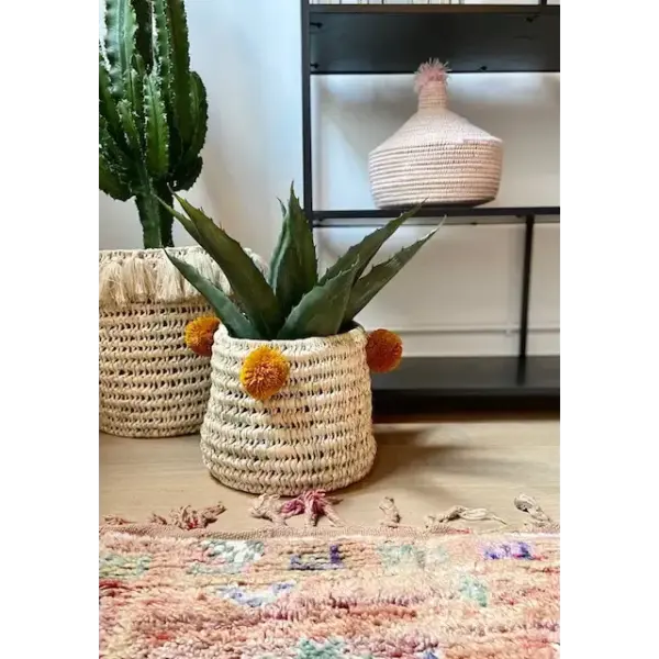 Handwoven Palm Leaf Basket with Colorful Wool Pom Poms