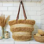 Moroccan Striped Straw Beach Tote – Handwoven Raffia Summer Bag with Leather Handles (13.5″ × 17.7″)
