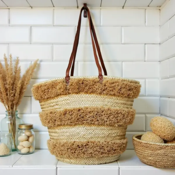 Moroccan Striped Straw Beach Tote – Handwoven Raffia Summer Bag with Leather Handles (13.5″ × 17.7″)