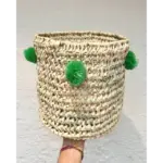 Handwoven Palm Leaf Basket with Colorful Wool Pom Poms