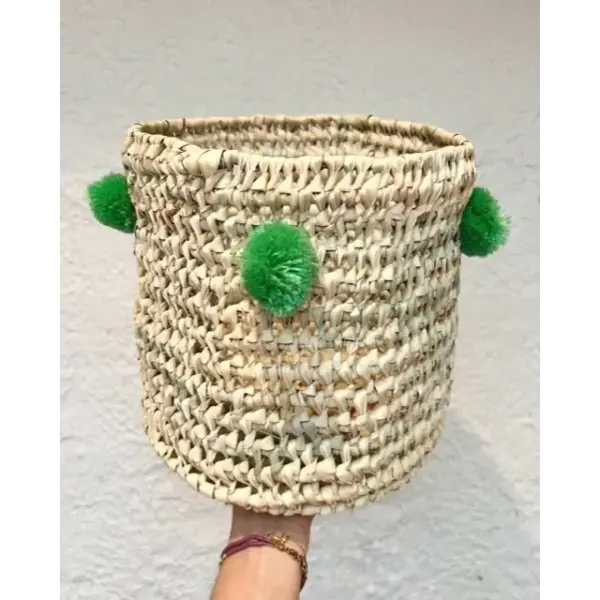 Handwoven Palm Leaf Basket with Colorful Wool Pom Poms