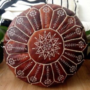 Handmade Moroccan Embroidered Leather Pouf Ottoman – Mandala Design (21″ × 12″)
