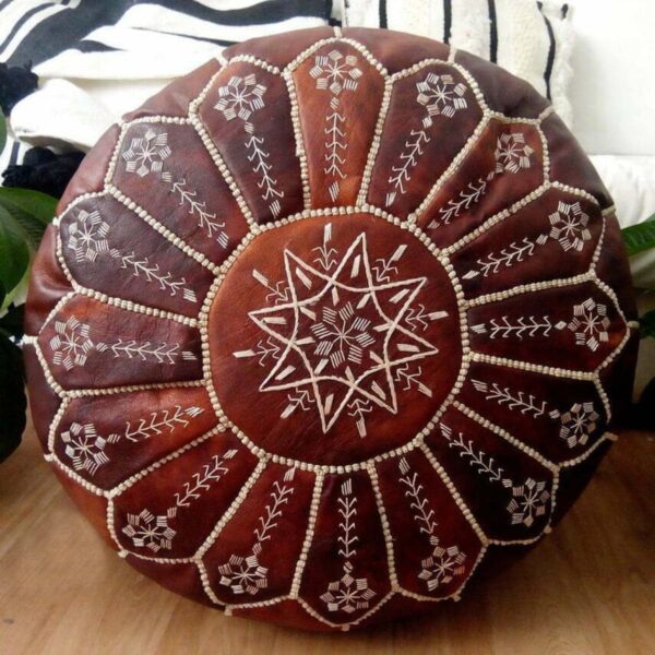 Handmade Moroccan Embroidered Leather Pouf Ottoman – Mandala Design (21″ × 12″)