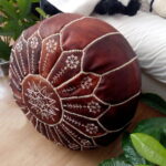 Handmade Moroccan Embroidered Leather Pouf Ottoman – Mandala Design (21″ × 12″)
