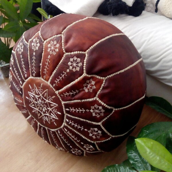 Handmade Moroccan Embroidered Leather Pouf Ottoman – Mandala Design (21″ × 12″)
