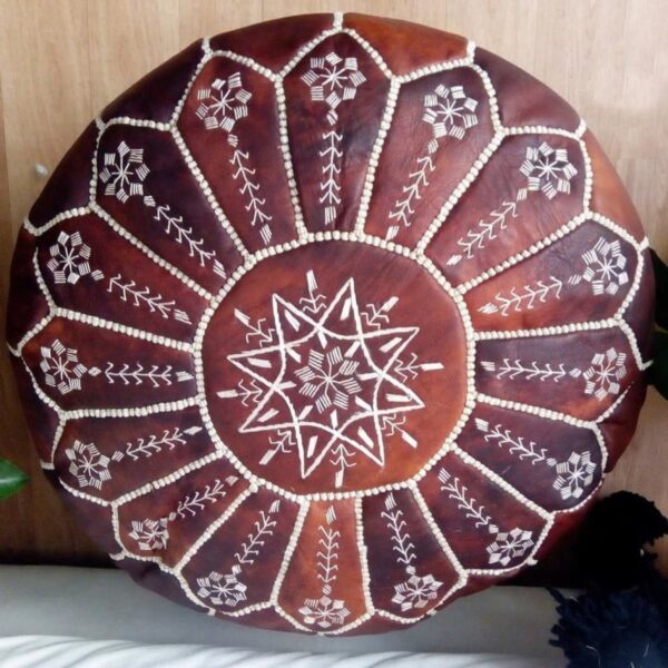 Handmade Moroccan Embroidered Leather Pouf Ottoman – Mandala Design (21″ × 12″)