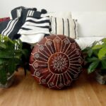 Handmade Moroccan Embroidered Leather Pouf Ottoman – Mandala Design (21″ × 12″)