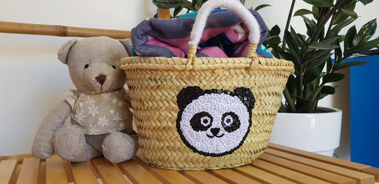 Mini Panda Basket – Handwoven Seagrass with Sequin Design