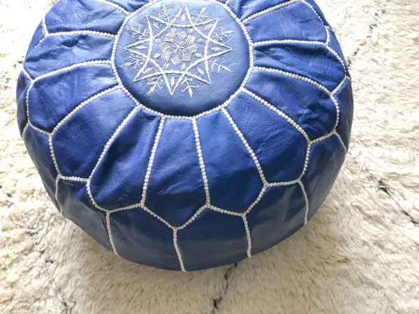 Handmade Moroccan Blue Leather Pouf – Round Ottoman