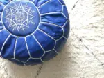 Handmade Moroccan Blue Leather Pouf – Round Ottoman