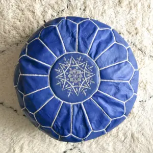 Handmade Moroccan Blue Leather Pouf – Round Ottoman