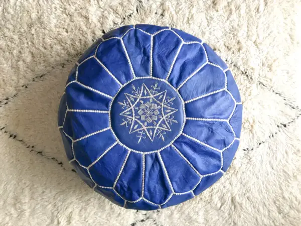 Handmade Moroccan Blue Leather Pouf – Round Ottoman