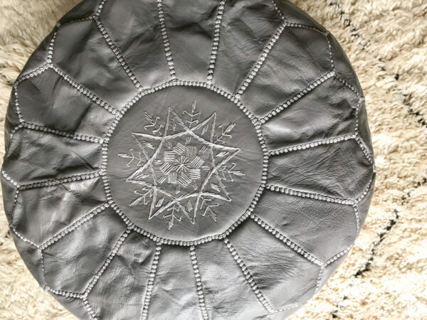 Moroccan Pouf in Gray Leather – Handmade Round Ottoman Seat