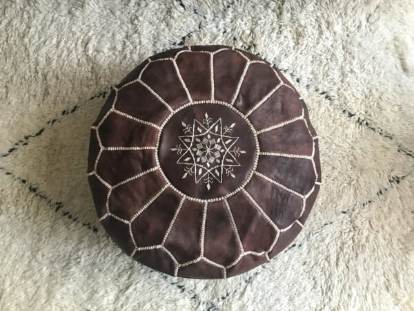 Handmade Moroccan Brown Leather Pouf – 53x30 cm Ottoman Seat