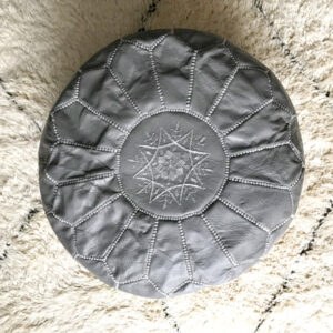 Moroccan Pouf in Gray Leather – Handmade Round Ottoman Seat
