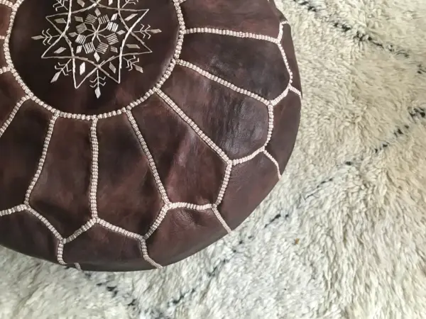 Handmade Moroccan Brown Leather Pouf – 53x30 cm Ottoman Seat