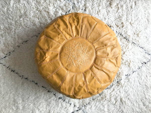Moroccan Pouf in Yellow Leather – Handmade Round Ottoman