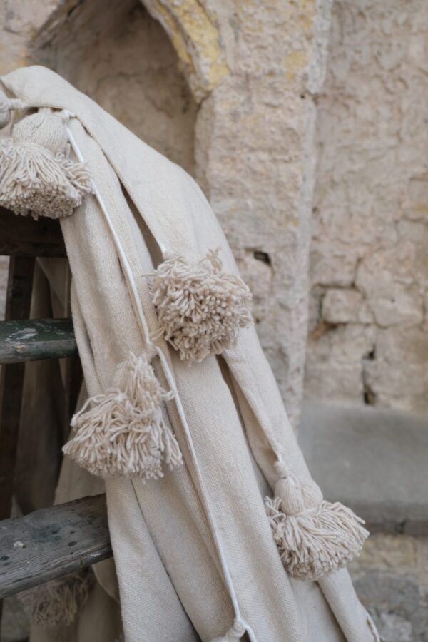 Pom Pom Wool Throw Blanket – Handwoven Moroccan Blanket