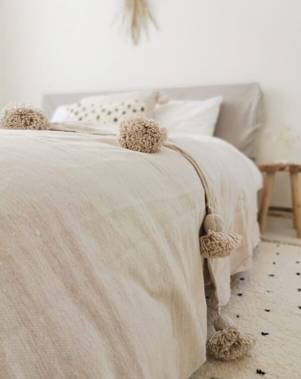 Pom Pom Wool Throw Blanket – Handwoven Moroccan Blanket