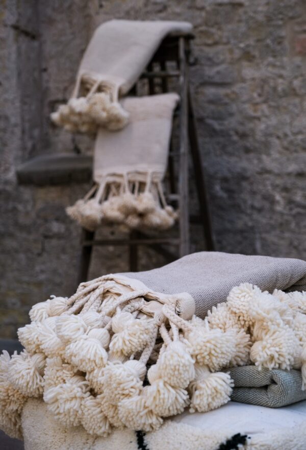 Pom Pom Wool Throw Blanket – Handwoven Moroccan Blanket