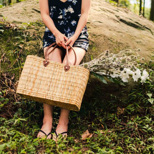 Handwoven Reed Basket with Brown Leather Handles – 3 Sizes