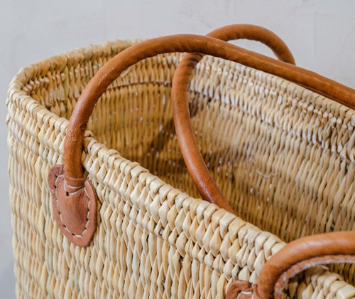 Handwoven Reed Basket with Brown Leather Handles – 3 Sizes