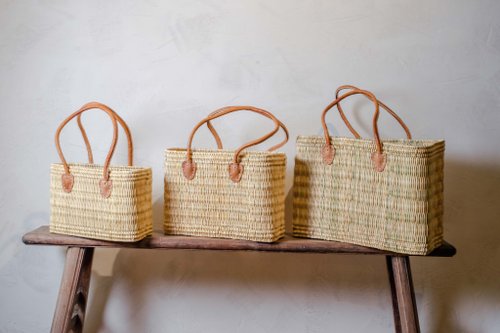 Handwoven Reed Basket with Brown Leather Handles – 3 Sizes