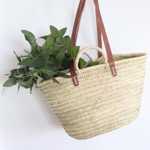 Handwoven Moroccan Palm Tote – Brown Double Leather Handles