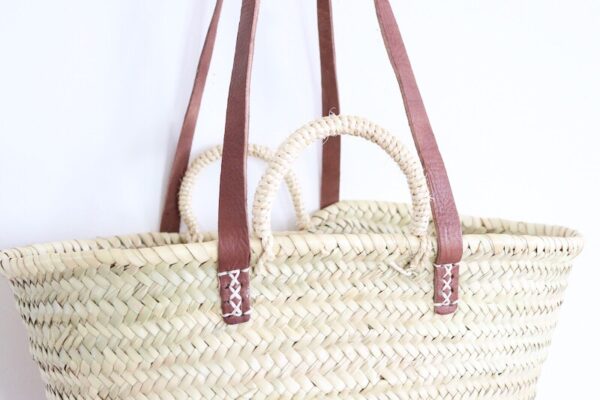 Handwoven Moroccan Palm Tote – Brown Double Leather Handles
