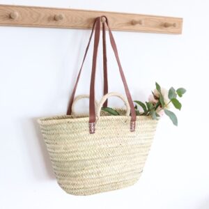Handwoven Moroccan Palm Tote – Brown Double Leather Handles