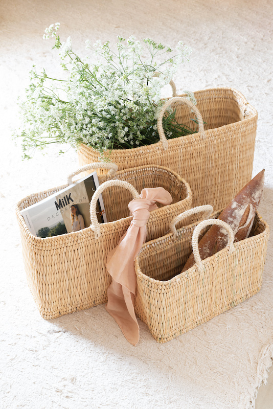 Handwoven Moroccan Rush Tote Basket – Rectangular Market Bag