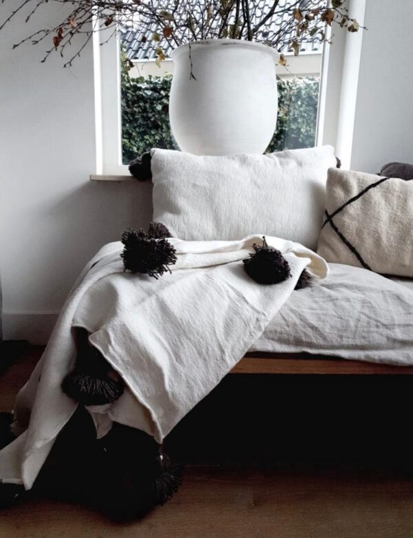Pom Pom Wool Throw Blanket – Handwoven Moroccan Blanket