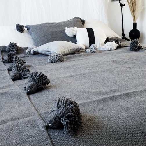 Pom Pom Wool Throw Blanket – Handwoven Moroccan Blanket