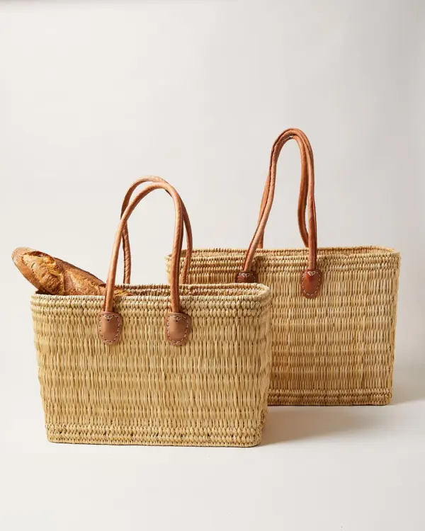 Handwoven Reed Basket with Brown Leather Handles – 3 Sizes