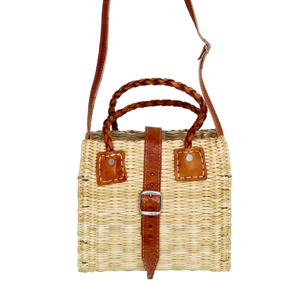 Rustic Handwoven Wicker Basket Bag – Leather Handle, Adjusta