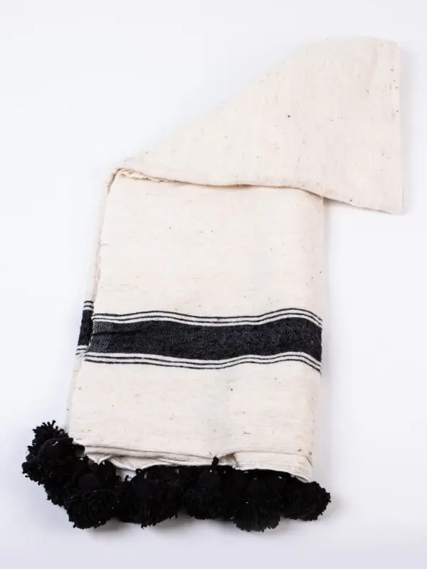 Pom Pom Wool Throw Blanket – Handwoven Moroccan Blanket