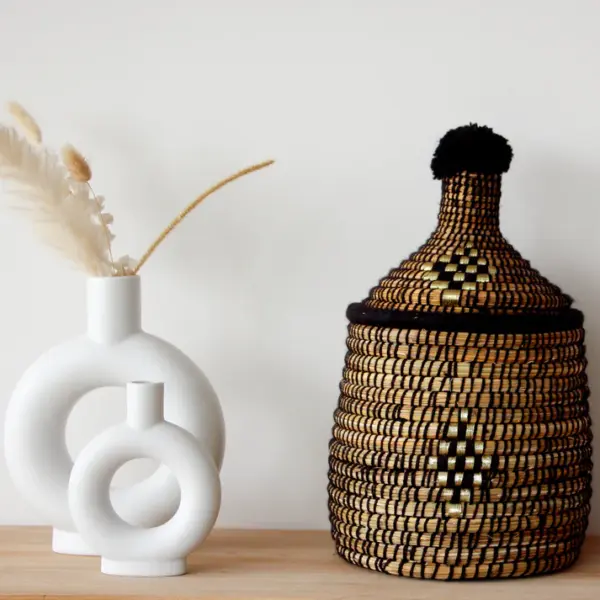 Raffia Storage Box – Black Handwoven Organizer from Morocco