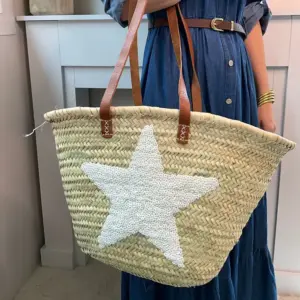 White Sequin Star Basket – Handmade Palm Leaf Bag