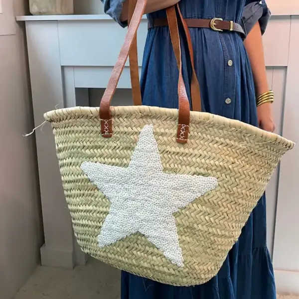 White Sequin Star Basket – Handmade Palm Leaf Bag