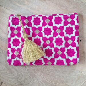 Large Pink Moroccan Clutch – Zellige Embroidered Cotton Pouc