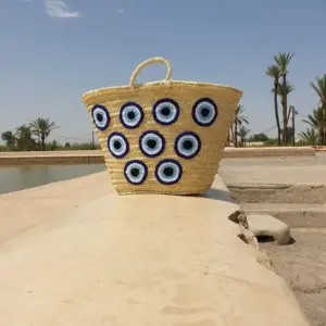 Moroccan Straw Bag – French Market Basket with Eyes Design