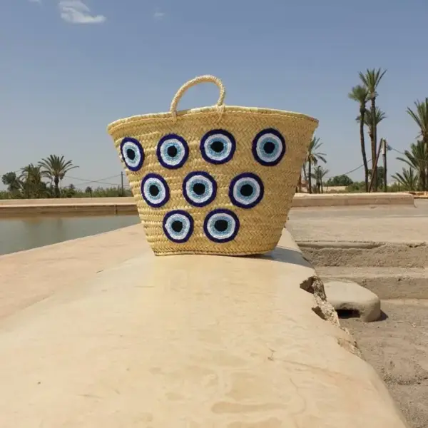 Moroccan Straw Bag – French Market Basket with Eyes Design