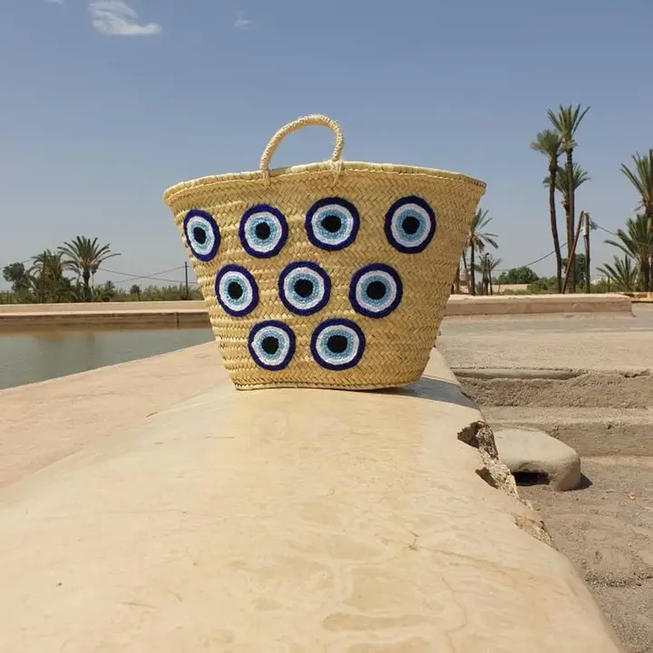 Moroccan Straw Bag – French Market Basket with Eyes Design