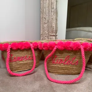 Pom Pom Personalised Straw Bag – Handwoven Moroccan Tote with Custom Name