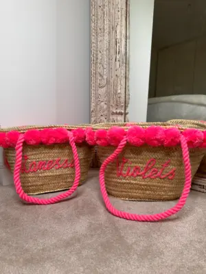 Pom Pom Personalised Straw Bag – Handwoven Moroccan Tote with Custom Name
