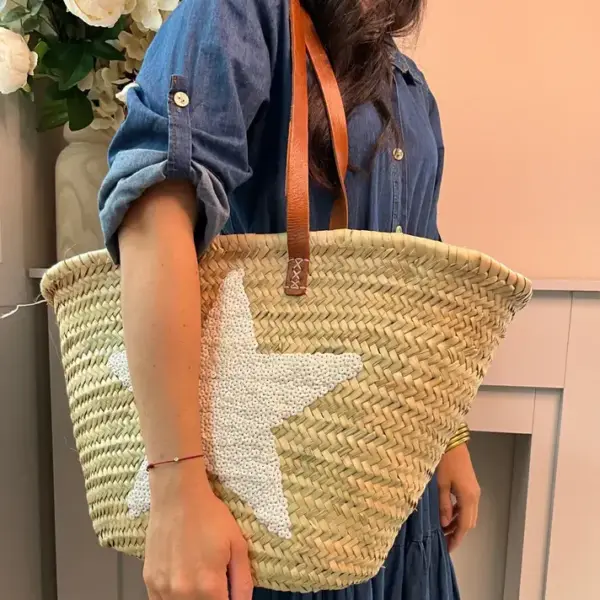 White Sequin Star Basket – Handmade Palm Leaf Bag