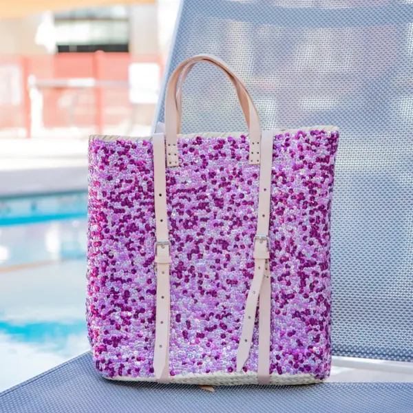 Straw Backpack with Purple Sequins – Handcrafted Moroccan Backpack with Leather Straps